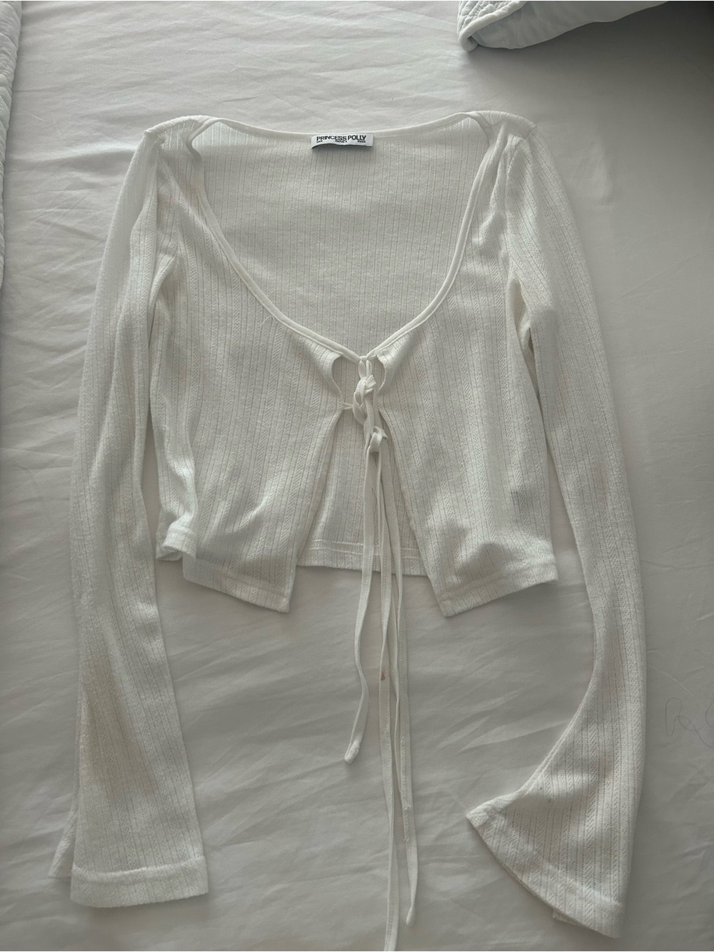 Princess Polly White Ribbed Tie-Front Long Sleeve Crop Top